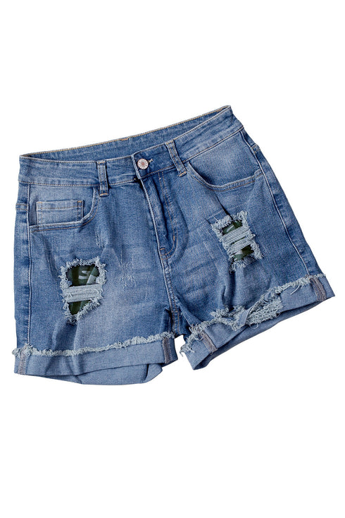 Patchwork Rolled Hem Denim Shorts